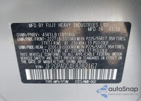 2014 Subaru Xv Crosstrek 2.0I Limited z USA, uszkodzony, nr VIN JF2GPAGC4E8282167